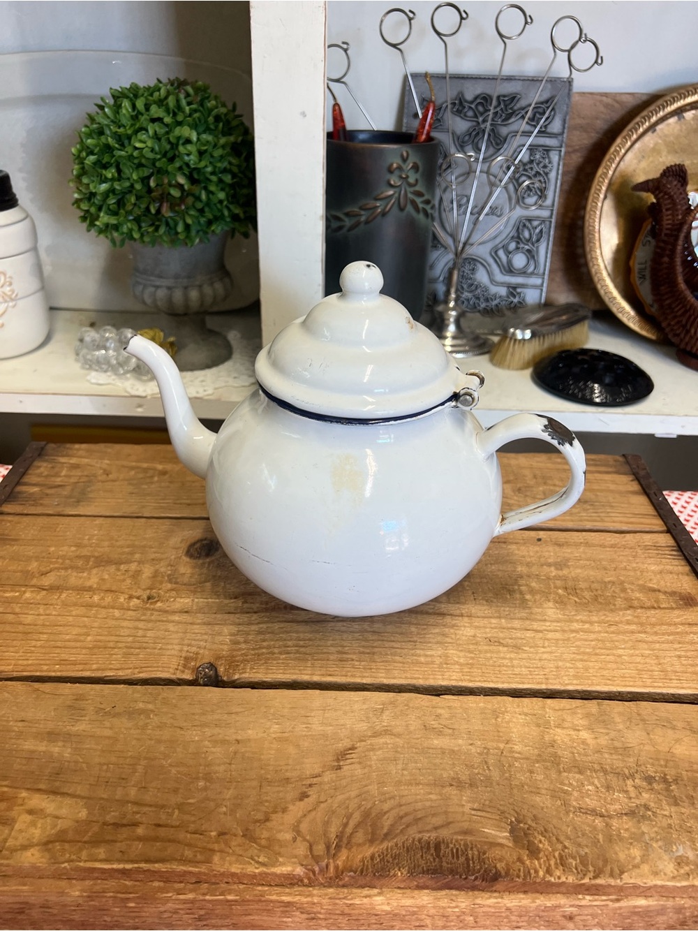 Vintage white blue enamel teapot cottage core country